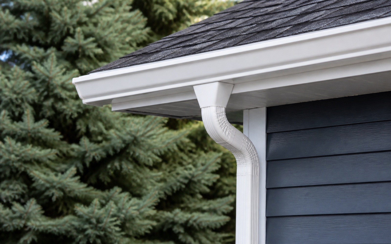 White seamless gutter and downspout aligned below a charcoal shingle roof