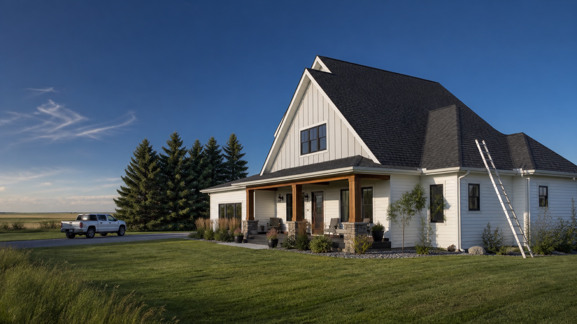 Finished charcoal shingle roof on a white North Dakota home with an unbranded work pickup nearby