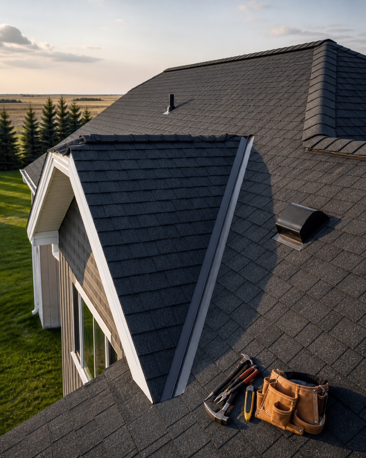 Clean roof valley, flashing, ridge, and organized unbranded tools at a completed North Dakota job